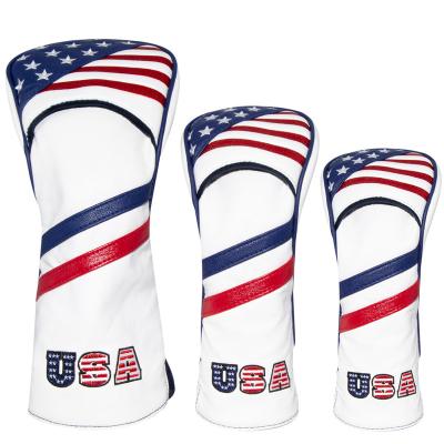 China Factory Direct Sale USA Flag Wooden Golf Driver White Leather Head Cover For Hybrid Driver for sale