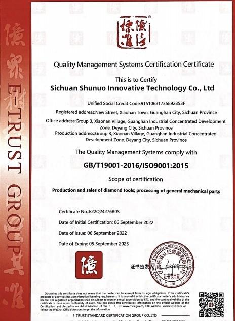 Quality Management Systems Certification Certificate - Sichuan Shunuo Innovative Technology Co., Ltd.