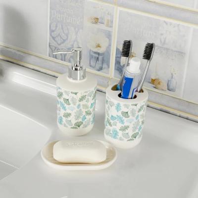 China Minimalist Set of 3 Bathroom Plastic Printing Accessories Set Soap Dispenser Toothbrush Holder Soap Dish Set for sale