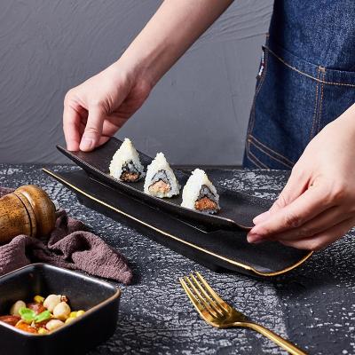 China Sustainable wholesale Japanese Style High Quality Matte Rectangle Plate Ceramic Retro Sushi Tray With Gold Rim for sale