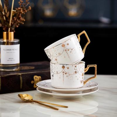 China Sustainable Custom Logo European-style Household Ceramic Gold Plated Coffee Cup And Saucer Set With Lron Rack for sale