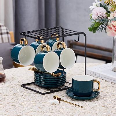 China Sustainable Customized European Luxury Gold-plated 6 Pcs Royal Ceramic Ceramic Cup Coffee Saucer Set With Stand for sale