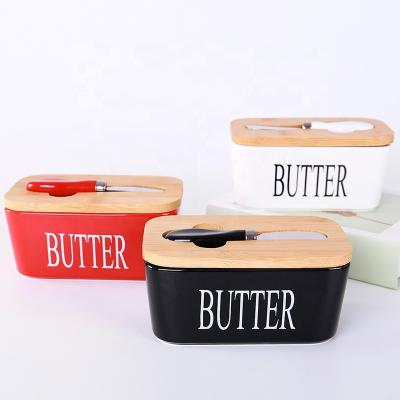 China OEM Viable Custom Ceramic Butter Keeper Container Rectangle Butter Dish With Bamboo Lid Cover And Knife for sale