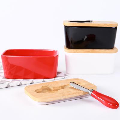 China Viable Wholesale Ceramic Storage Box Butter Keeper Box Rectangle Porcelain Custom Butter Dish With Knife for sale