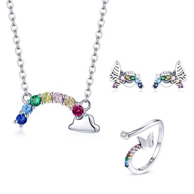 China Elegant Jewelry Charm Set of S925 Sterling Silver Lucky Rainbow Colorful Crystal Necklace Earrings Butterfly Ring for sale