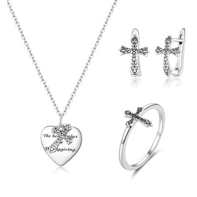 China Charming Elegant Vine Cross S925 Necklace Ring Earrings Sterling Silver Costume Jewelry Set for sale