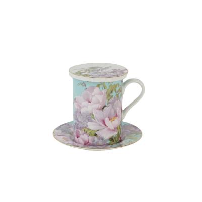 China Sustainable Stechcol Fine Bone China Customized Ceramic Three In A MUG w/Lid & Saucer Set 290ml for sale