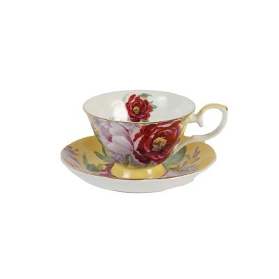 China Viable Handcraft Gold Rim Yellow Decals Coffee Tea Deluxe Sets Fine Bone China Drinks British Tea for sale