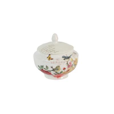 China Stechcol Fine Bone China Bird Pattern Decal Ceramic Sugar Jar Sugar Pot With Lid Viable Fine Sugar Bowl for sale