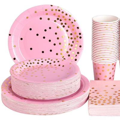 China Eco-Friendly Rose and Gold Party Supplies - Rose Gold Disposable Dot Dinnerware Set for sale