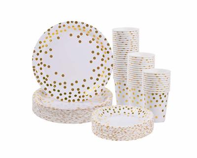 China Rose Gold Dot Disposable Paper Disposable Dishes and Cups Set 150Pcs - Disposable Cups, Dinner Dishes and Dessert Plate for sale