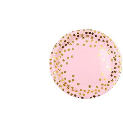 China Eco-Friendly Pink And Gold Dot 9 Inch Aluminum 7inch Paper Plate 9 Ounce Disposable Cup Set for sale