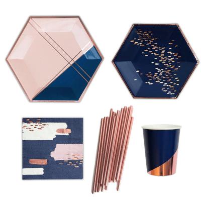 China Baby Shower Disposable Tableware Set Decorative Marble Napkin Straw Cups Gold Foil Hexagon Party Paper Plates Sets for sale