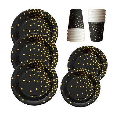 China Gold Dot Foil Dinnerware Dessert Paper Plates and Disposable Black Printed Cup and Napkin Sets for sale