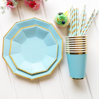 China Cheap Disposable Blue Gold Foil Party Tableware Party Supply Eco-friendly Disposable Paper Plate Set for sale