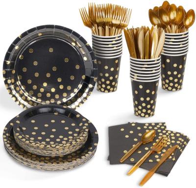 China Disposable Plates and Dishes Set Tableware Black and Gold Party Decorations for Grad Party, Birthday. for sale