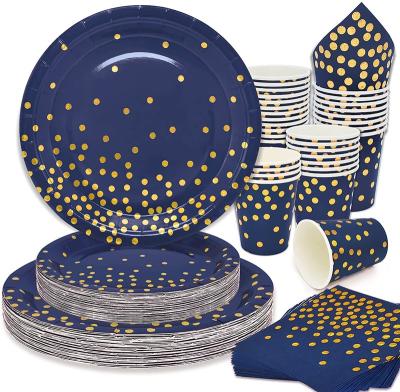 China Disposable Deep Blue Custom Printed Disposable Paper Plates Tableware Sets For Wedding Party Baby Shower Decoration for sale