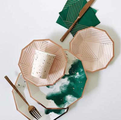 China Disposable Dark Green Watercolor Paper Plates with Rose Gold Designer Paper Plates for Wedding and Party. for sale