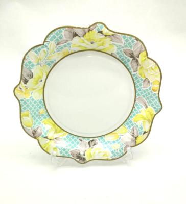 China Europe Waterproof Flower Shaped Paper Plate Gold Stamp Rim Glossy Dessert Plates Floral Disposable Paper Plate for sale