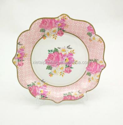 China Disposable Notched Rim Gold Stamping Tea Fancy Flower Lace Paper Dinner Charger Dish Disposable Paper Plates for sale