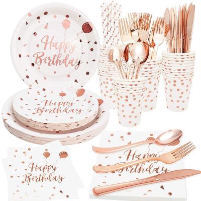 China Disposable White and Rose Gold Party Supplies Serves Rose Gold Happy Birthday Paper Plates Napkin Cups for Wedding Bridal Baby Shower. for sale