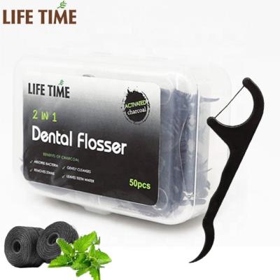 China Teeth Cleaning Factory Oral Care Products Dental Floss Black Pick Bamboo Charcoal Tooth Pick Eco Friendly Flosser Mint Coated Wholesale for sale