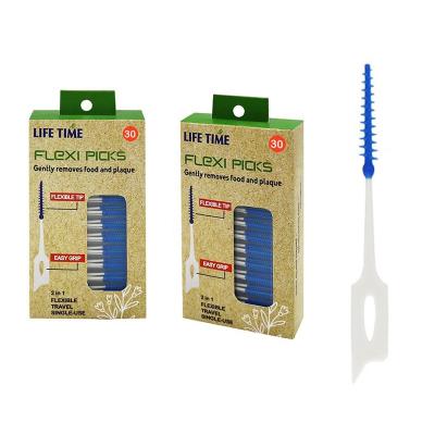 China Home/travel interdental brush 100% ECO flexi OEM packing full picks private label pure virgin paper rubber soft toothpicks for sale