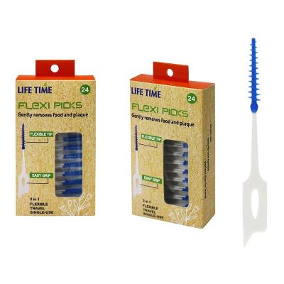 China ECO full packaging private label home/travel rubber flexi picks soft toothpick interdental brush with100% pure virgin paper packaging for sale