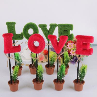 China 100% Eco-friendly Simulation Green Plant Pot Pen Heart Pentagram Flowerpot Ballpoint Creative Flocking Pens for sale