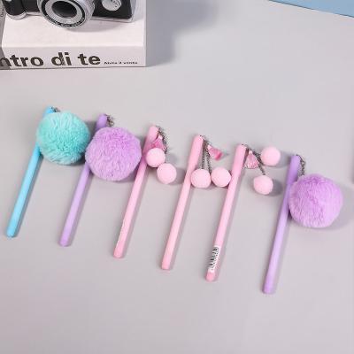 China 100% Faux Fur Ballpoint Pens Pom Pom Ballpoint Pen Blue Eco-friendly Soft Chain Home School Office Dangle Ballpoint Pens for sale