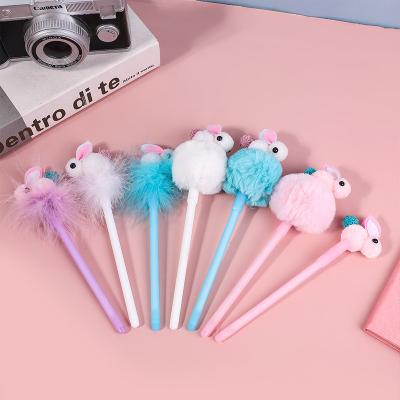 China New Normal Rabbit Pen Cute Student Cartoon Pompom Neutral Pen For School Plush Gifts for sale