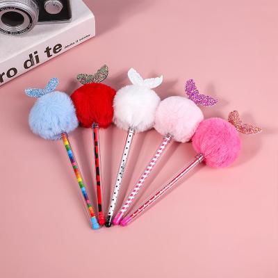 China New normal creative beauty fish tail plush ball Pen Office Stationery Pom Craft gel pen for sale