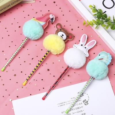 China Normal Factory Wholesale Cartoon Leather Pen Printable Logo Kawaii Pom Top Neutral Pom Gel Pen for sale