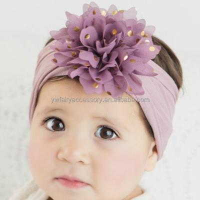 China Super Stretchy Dots Flower Nylon Baby Headbands Newborn Girls Gold Cloth Infant Floral Turban Headbands for sale