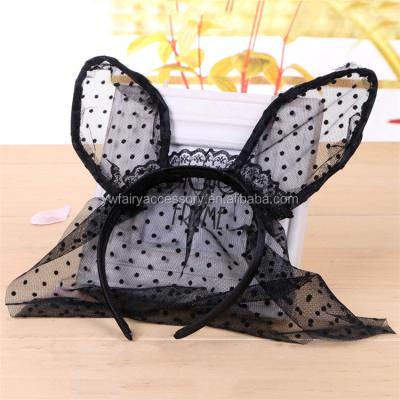 China Cloth Women Carnival Veil Headband Black Polka Dots Bunny Ear Headband for sale