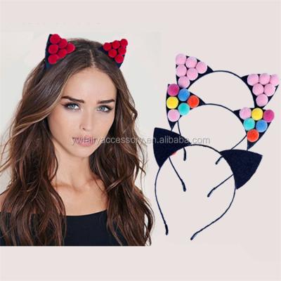 China Cute Girls Pom Pom Hairbands Fabric Handmade Kids Cat Ear Cloth Headband for sale