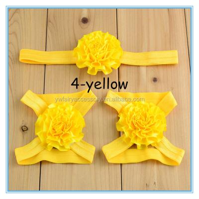 China Ribbon Baby Flower Elastic Headbands Sandal Set Baby Foot Barefoot Flower Shoes Hair Accessories for sale