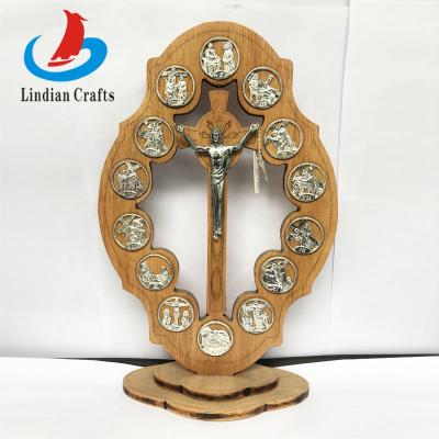 China Worldwide Bethlehem Olive Wood 14 Stations of the Cross Etched on Metal for sale