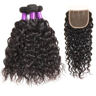 China No Shedding/No Tangle/Virgin Soft/Shiny Brazilian Hair Front Closure Water Wave Cheap Bundles With Closure for sale