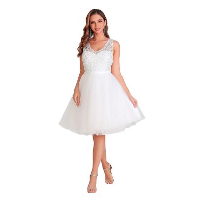 China Wholesale Factory Wholesale Anti-Static Sleeveless V-Neckline Mini Cute Solid White Heavy Beaded Wedding Prom Party Cocktail Evening Dress for sale