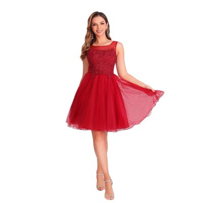 China Factory Wholesale Mini Cute Embroidery Beaded Prom Solid Red Ladies Sleeveless Anti-static Party Short Cocktail Party Dress for sale