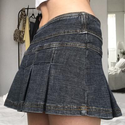 China American Denim Pleated Skirt Women's Retro High-waisted Belt A Swing Skirt 2022 Summer Breathable Hot Girl for sale