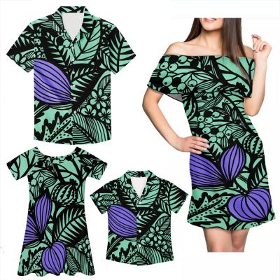 China Breathable Green Polynesian Jungle Printing Fashionable Parent-child Outfit 4-Piece Set Summer Beach Family Wear for sale