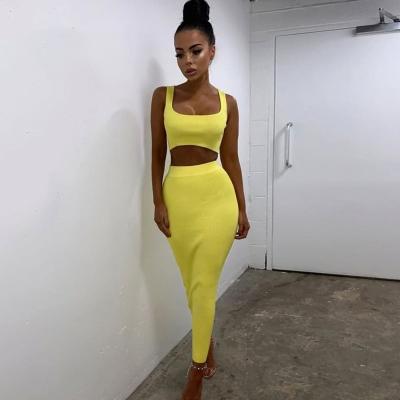 China 2020 2021 SZ10242M Wholesale Summer Women's Pieces Breathable 2 Set 7 Colors Fail Top Full Length Short Top Suit Solid Color Slim Skirt for sale