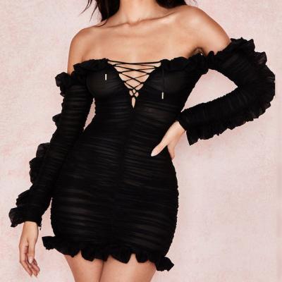 China SZ10144S Washable 2020 2021 New Gauze Flounces Bodycon Long Sleeve Fashionable Deep V Hollowed-out Lace Up Dress for sale