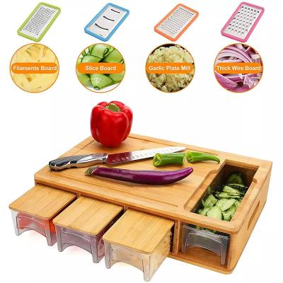 China Large Easy Viable Clean Kitchen Cutting Plate Acacia Wood Bamboo Cutting Board With Container Lid Juice Groove For Meal Pre Grater for sale