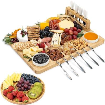 China Wholesale Bamboo Wooden Cutting Board Stocked Cheese Board Serving Tray Set With Cutlery Set for sale