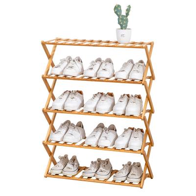 China Sustainable Wooden Foldable Shoe Rack Bamboo Shoes Stackable Organizer Stackable Storage Shelf Shoe Racks for sale