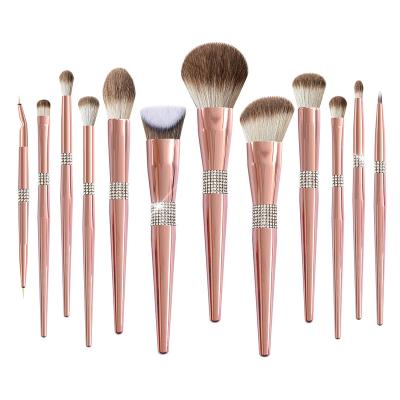 China Angular Blush Luxury Logo Diamond Makeup Brush Set 12pc Rose Gold Bling Makeup Brushes Basic Custom High Quality Soft Brush for sale