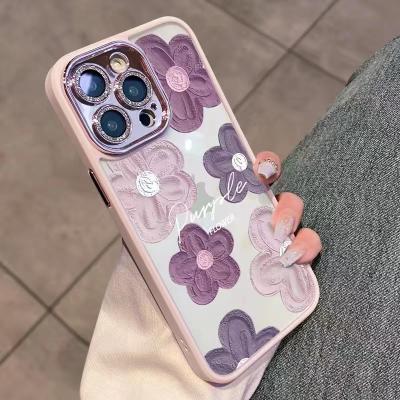 China Shockproof Purple oil painting flower acrylic phone case suitable for iPhone 15/14/13/12/11promax with lens film for sale